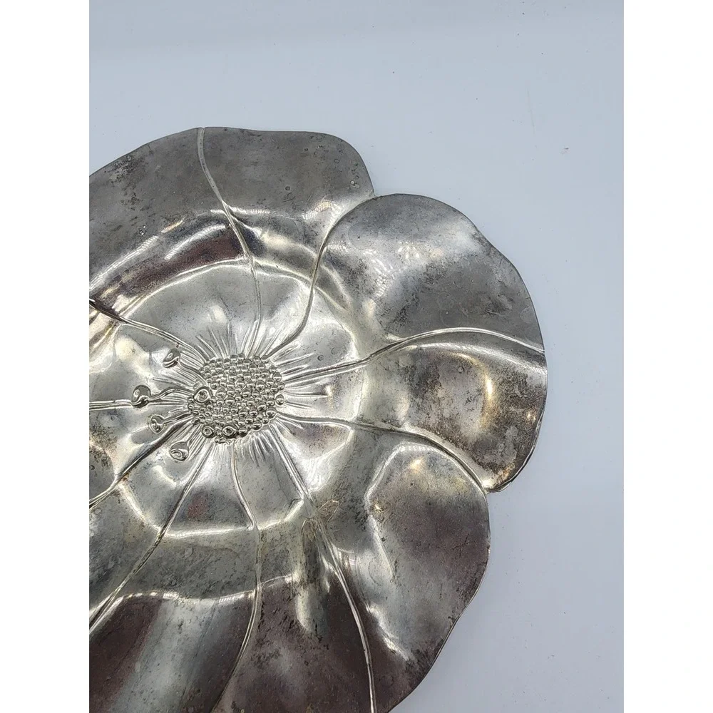 Vintage Silver Tone Poppy Flower Trinket Dish Decorative Metal Floral Tray 7.25